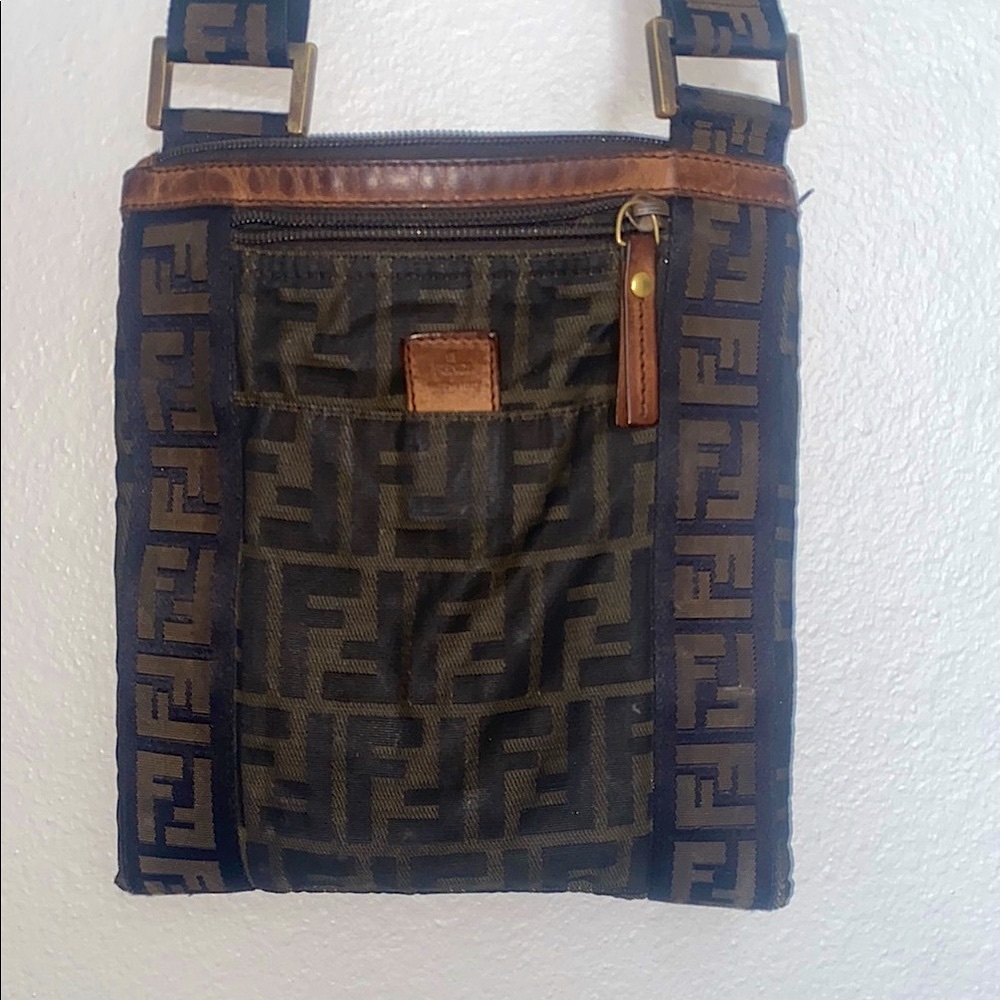 Faux-Logo Brown Crossbody Bag with Leather Trim
